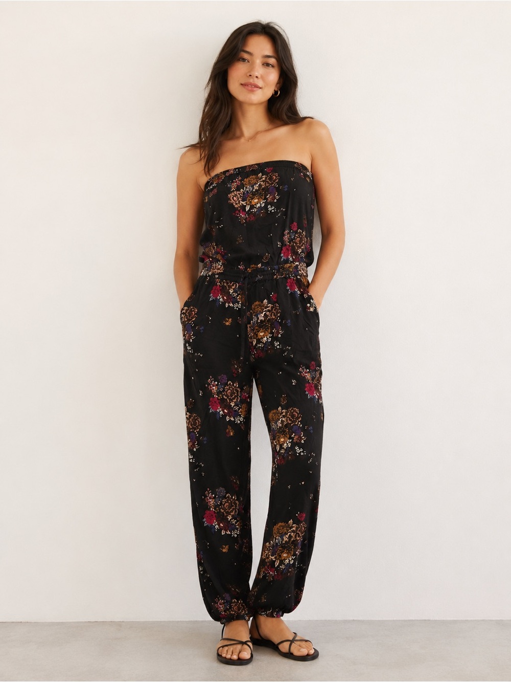 ARITZIA TALULA Strapless Black Floral Jumpsuit SMALL